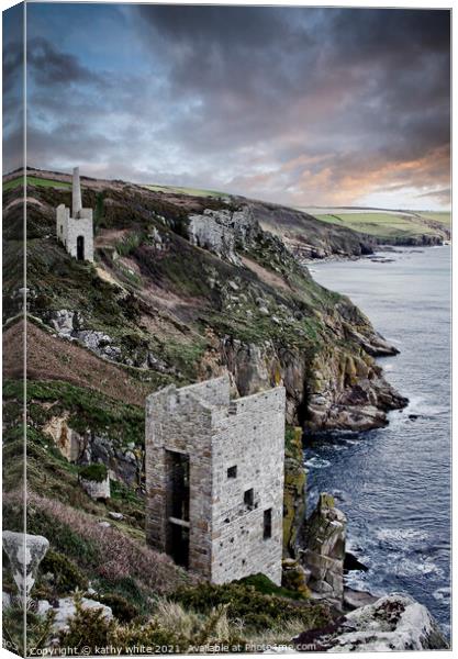 Porthleven, cliff with old tin mines, Cornwall Canvas Print by kathy white