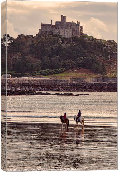 St Michaels mount Cornwall with horses, Canvas Print by kathy white
