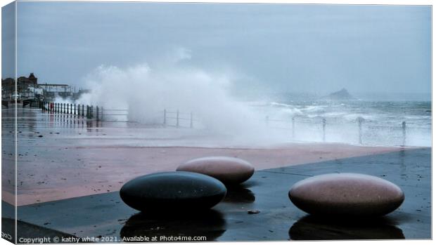 Penzance Cornwall stormy scene,Pebbles on the Prom Canvas Print by kathy white