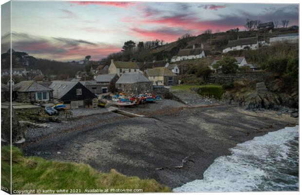Cadgwith Cove Cornwall, sunset,red skies Canvas Print by kathy white