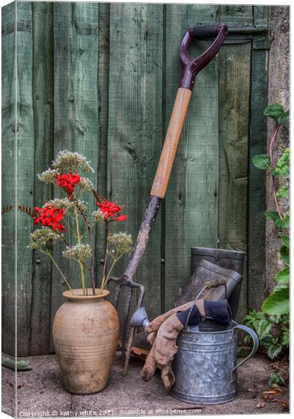 taking  a break from gardening Canvas Print by kathy white