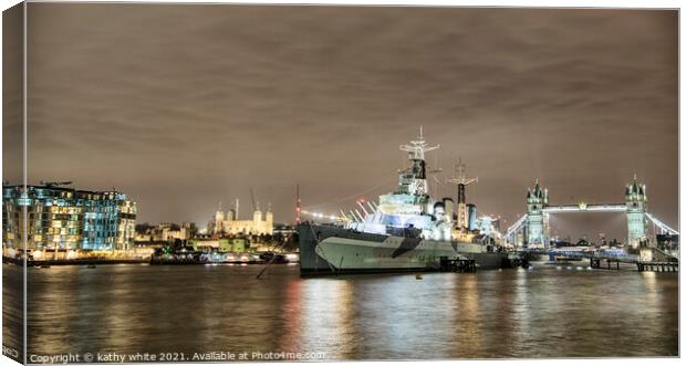 The HMS Belfast and Tower Bridge on the Thames. Canvas Print by kathy white