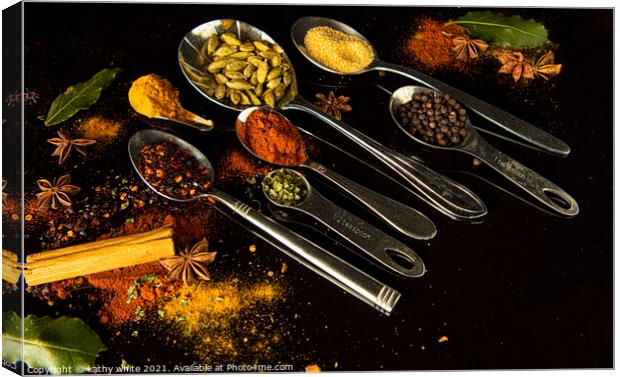 curry spices with spoons Canvas Print by kathy white