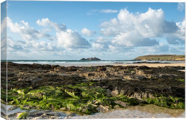 Gwithian  beach Cornwall,with Godrevy lighthouse Canvas Print by kathy white