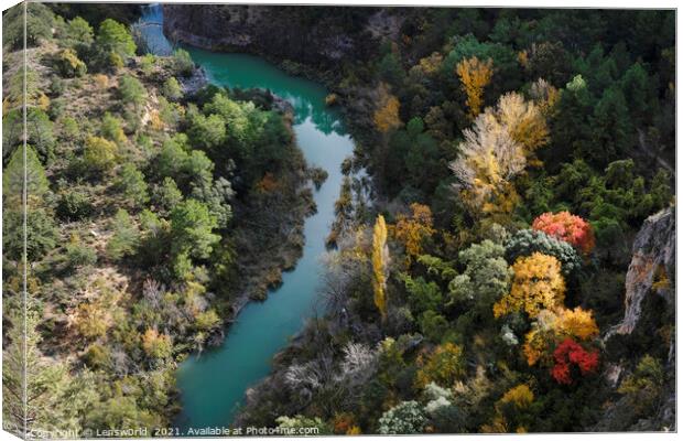 Colorful display of trees next to a river in fall season in Spain Canvas Print by Lensw0rld 