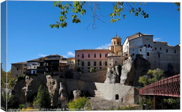 Footbridge and beautiful buildings in Cuenca, Spain, on a sunny day Canvas Print by Lensw0rld 
