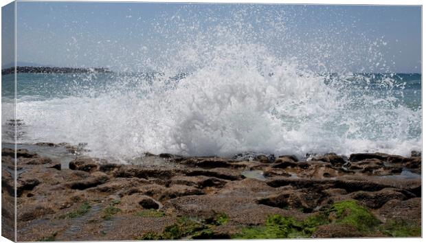 Waves arriving at the coast and splashing on the rocky shore Canvas Print by Lensw0rld 