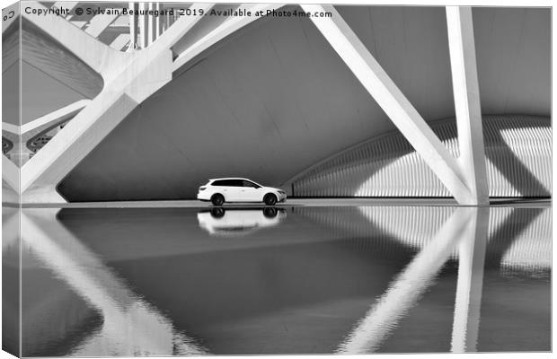 Car and architecture reflection, bw Canvas Print by Sylvain Beauregard