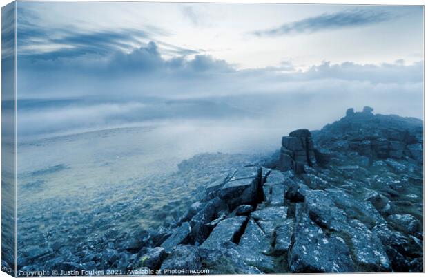 Mist over Sharpitor, Dartmoor Canvas Print by Justin Foulkes
