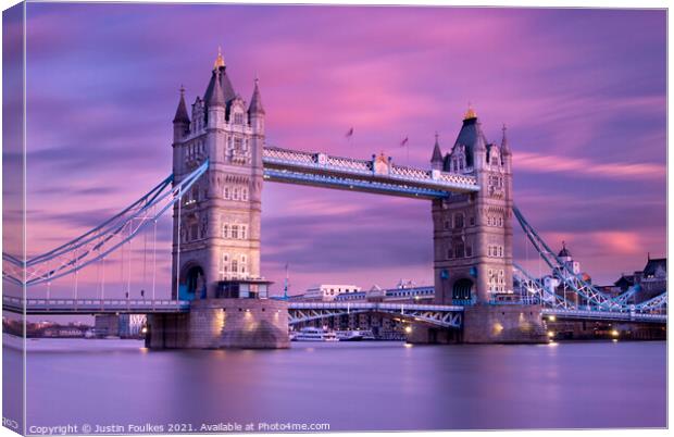 Tower Bridge at dusk, River Thames, London Canvas Print by Justin Foulkes