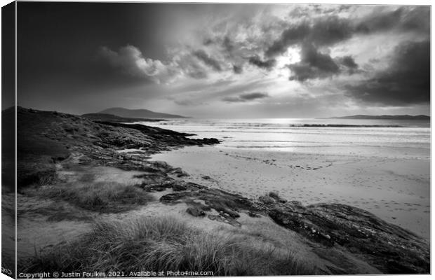 Moody skies over Nisabost, Harris, Outer Hebrides Canvas Print by Justin Foulkes
