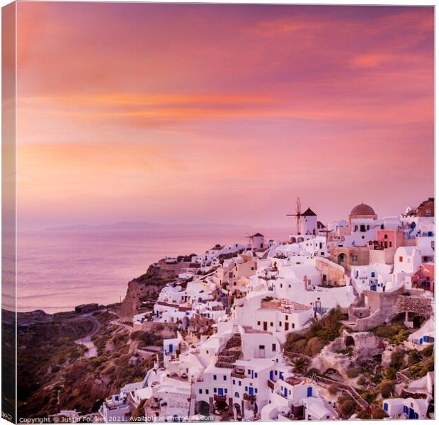 Oia, at sunset, Santorini, Greece Canvas Print by Justin Foulkes