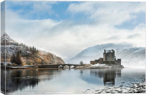 Eilean Donan Castle, after a winter storm Canvas Print by Justin Foulkes