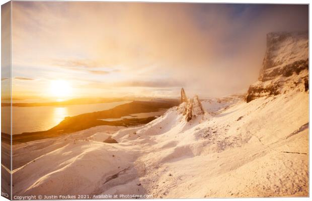 Winter view of The Old Man of Storr at sunrise Canvas Print by Justin Foulkes