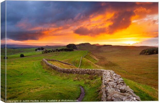 Sunset over Hadrians Wall Canvas Print by Justin Foulkes
