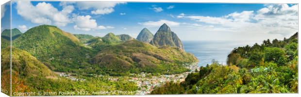 The Pitons panorama, St Lucia Canvas Print by Justin Foulkes