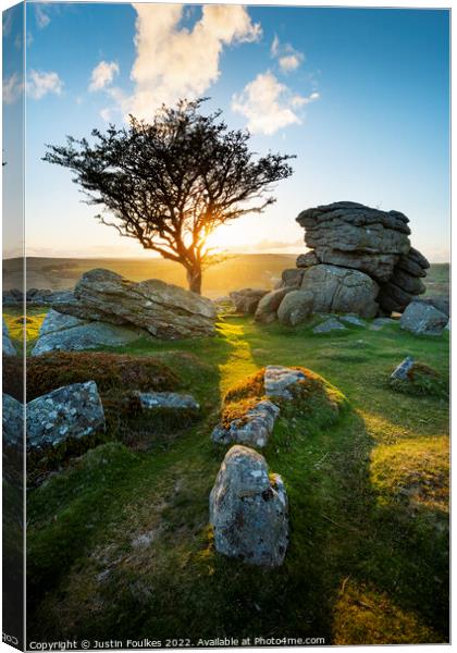 Emsworthy Rocks sunset, Dartmoor Canvas Print by Justin Foulkes