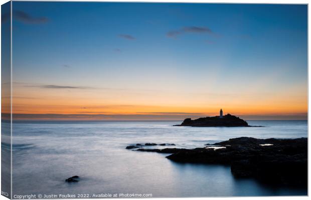 Godrevy Lighthouse at dusk Canvas Print by Justin Foulkes