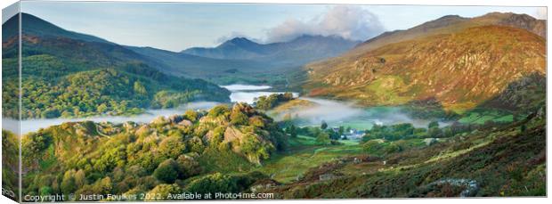 The Snowdon massif from above Capel Curig Canvas Print by Justin Foulkes