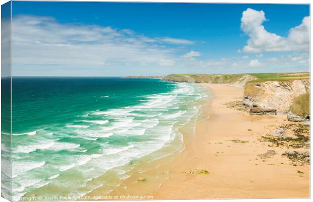 The beach at Watergate Bay, North Cornwall Canvas Print by Justin Foulkes