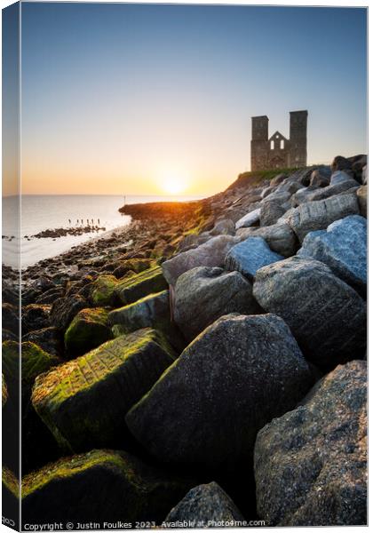 Reculver Towers, at sunrise, Kent Canvas Print by Justin Foulkes