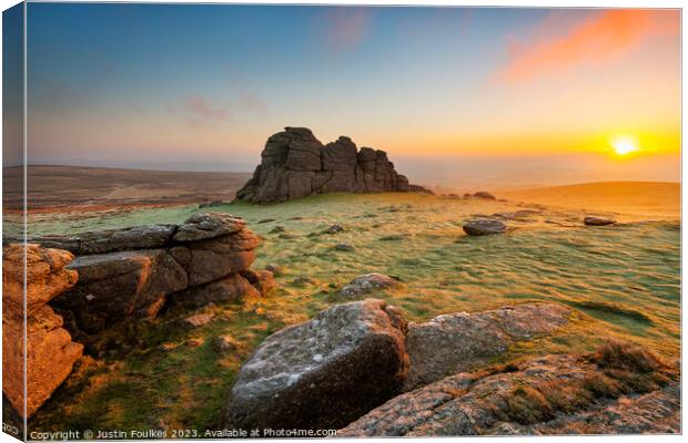 Haytor Rocks at sunrise, Dartmoor Canvas Print by Justin Foulkes