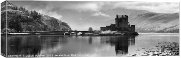 Eilean Donan Castle Black and White Panorama Canvas Print by Justin Foulkes