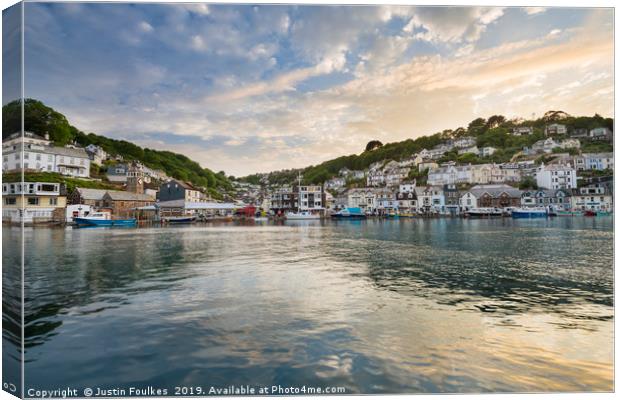 Sunset over Looe harbour, Cornwall  Canvas Print by Justin Foulkes