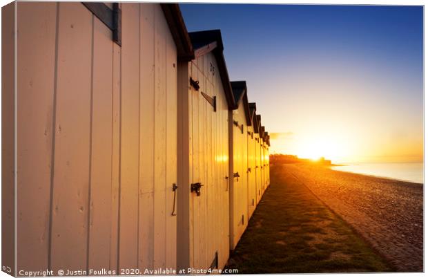Beach huts at Budleigh Salterton, East Devon Canvas Print by Justin Foulkes