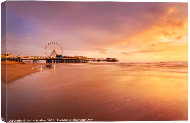 Blackpool Pier and beach at sunset, Blackpool Canvas Print by Justin Foulkes