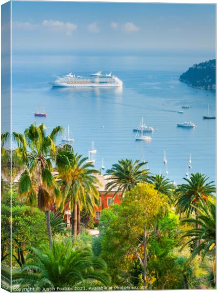 Cruise ship, Villefranche Sur Mer, Cote D'Azur, Fr Canvas Print by Justin Foulkes