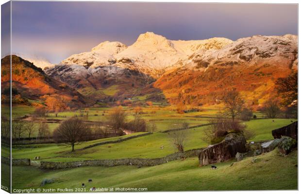 Winter sunrise in the Langdale Valley Canvas Print by Justin Foulkes