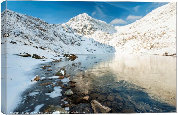 Snowdon, in winter, from Glaslyn, Snowdonia, North Canvas Print by Justin Foulkes