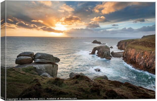 Sunset over Land's End, Cornwall Canvas Print by Justin Foulkes