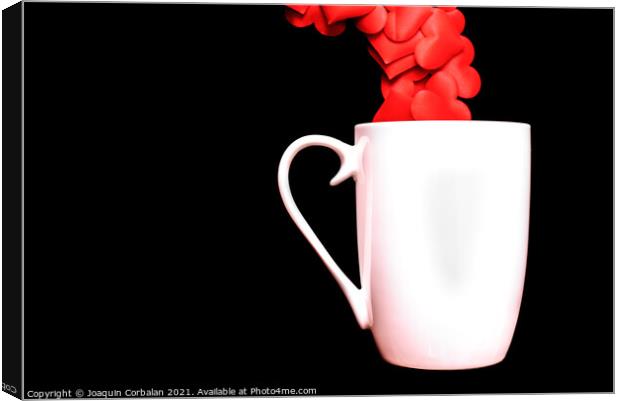 Red hearts come out of a white cup full of love, isolated on bla Canvas Print by Joaquin Corbalan