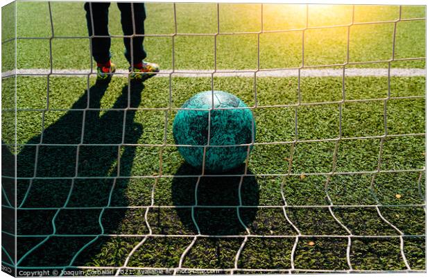 Soccer ball entering a goal defended by a goalkeeper, copy space Canvas Print by Joaquin Corbalan