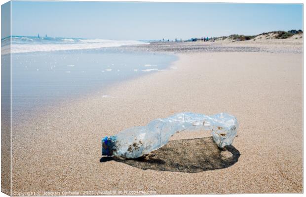 Abandoned pet plastic bottle on the shore of a clean beach, poll Canvas Print by Joaquin Corbalan