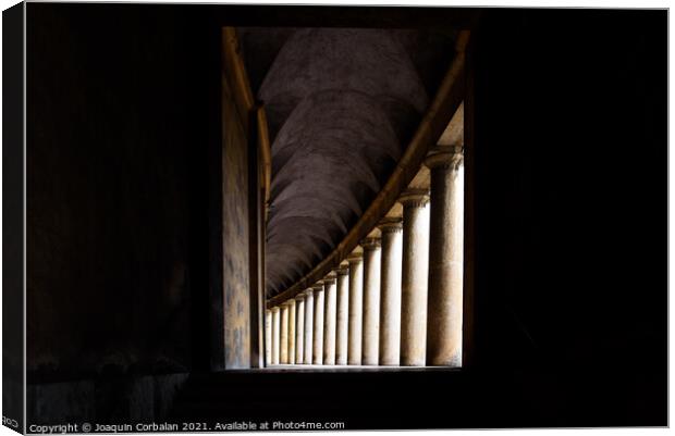 Hallway with monumental columns framed by the dark shadows of a  Canvas Print by Joaquin Corbalan