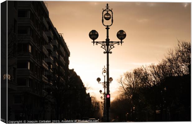 Sunset on a large avenue in a city with lampposts in the middle. Canvas Print by Joaquin Corbalan