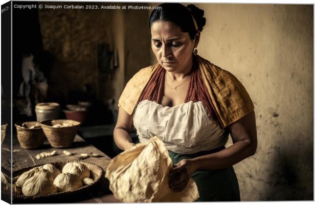 Latin woman prepares with natural ingredients hall Canvas Print by Joaquin Corbalan