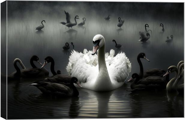 Illustration of a white swan with black ones, conc Canvas Print by Joaquin Corbalan