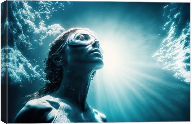 A woman dives, and enjoys relaxing underwater. Illustration with Canvas Print by Joaquin Corbalan