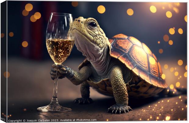 A cute turtle tries to drink champagne from a glas Canvas Print by Joaquin Corbalan