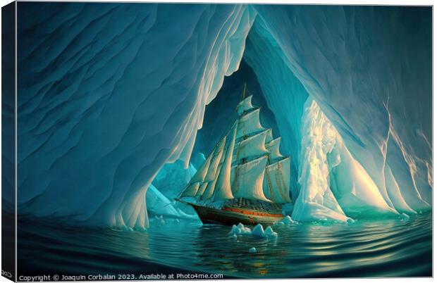 Pictorial illustration, a ship sails around an ice Canvas Print by Joaquin Corbalan
