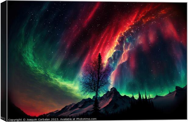 Aurora borealis, illustration, over a Nordic fores Canvas Print by Joaquin Corbalan