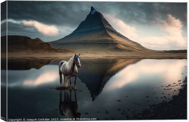 Oil canvas of an Icelandic horse in a lake, next t Canvas Print by Joaquin Corbalan