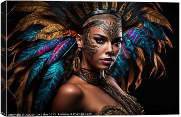 A young Brazilian woman is elegantly dressed for Carnaval, adorn Canvas Print by Joaquin Corbalan