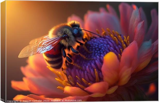 A beautiful honey bee is backlit by a stunning sunset, the color Canvas Print by Joaquin Corbalan
