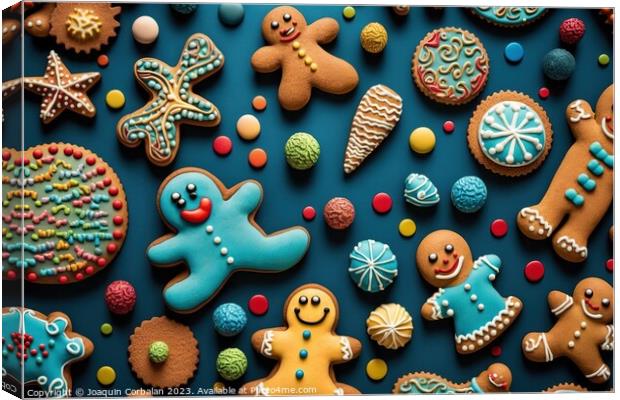 Background with variety of colorful gingerbread cookies. Ai gene Canvas Print by Joaquin Corbalan