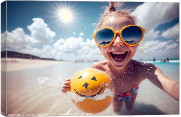 A happy girl in the sea water bathes on the beach smiling. Ai ge Canvas Print by Joaquin Corbalan